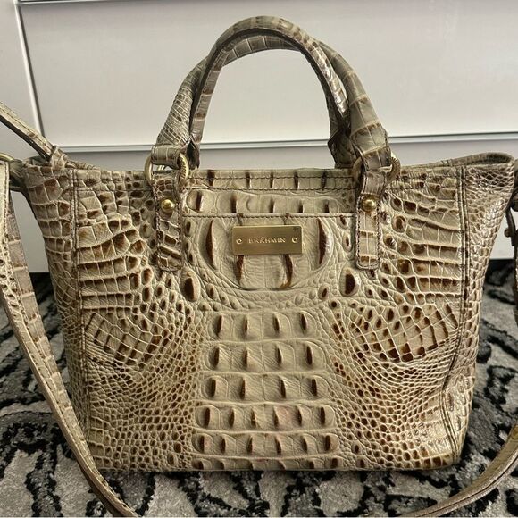 Brahmin mini Arno Tote| Tan Crocodile Embossed Leather Satchel - Picture 2 of 14